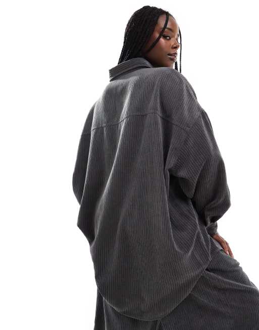 ASOS DESIGN Curve oversized variegated cord shirt in grey (part of a set), 3 of 4