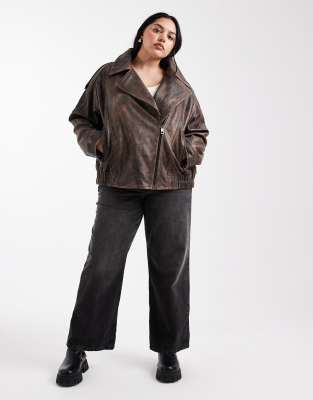 Asos Curve Asos Design Curve Oversized Washed Moto Jacket With Quilt Lining In Brown