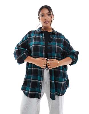 ASOS DESIGN Curve oversized washed shirt in green and navy check - view 1
