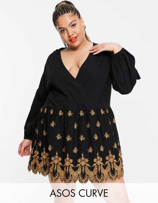 ASOS DESIGN Curve oversized wrap dress with gold cutwork embroidery detail in black