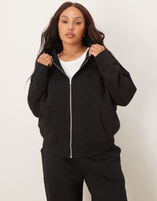 ASOS Curve ASOS DESIGN Curve oversized zip through brushback hoodie in black