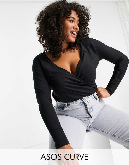 ASOS DESIGN - Curve - Overslagtop met lange mouwen in zwart