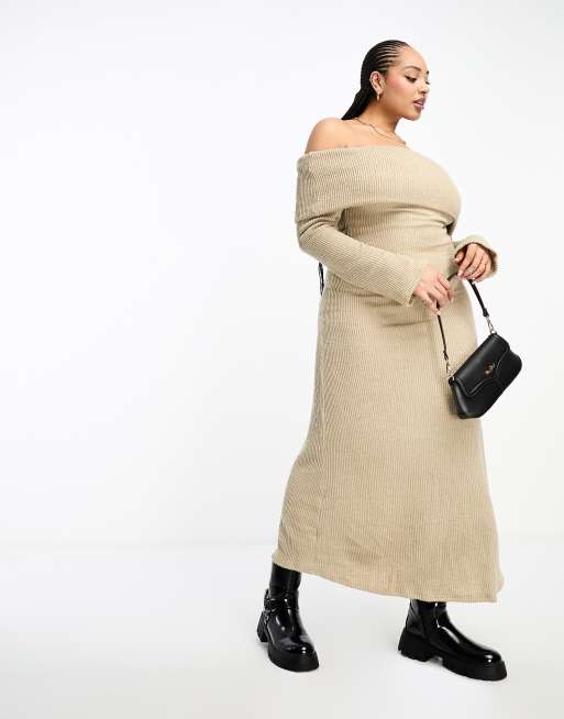 ASOS DESIGN Curve – Owsiana sukienka maxi z odkrytymi ramionami i rozkloszowanymi rękawami z dzianiny boucle