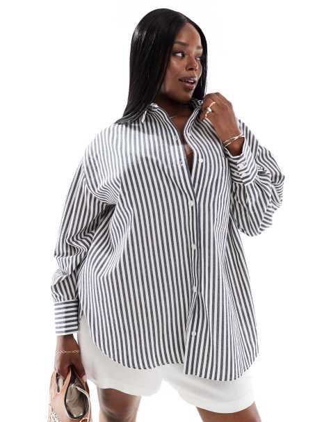 ASOS DESIGN Curve oxford shirt in linen look navy stripe - view 1