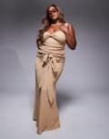[ASOS Curve] ASOS DESIGN Curve Ozzy textured knot front maxi beach skirt in beige-Neutral L Cream