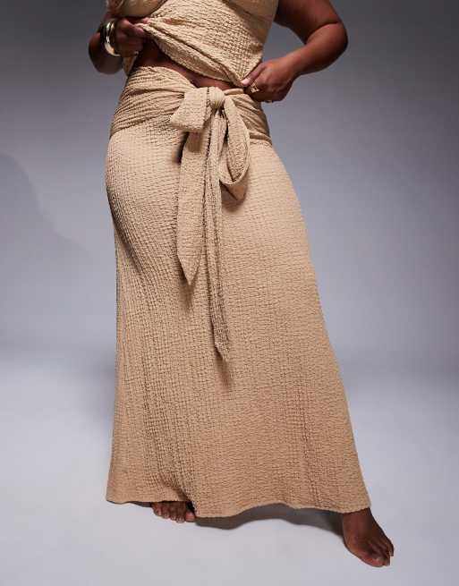 ASOS DESIGN Curve Ozzy textured knot front maxi beach skirt in beige