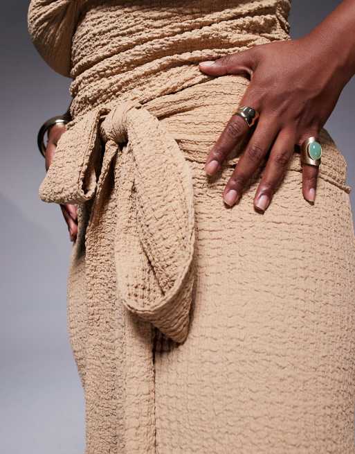 ASOS DESIGN Curve Ozzy textured knot front maxi beach skirt in beige
