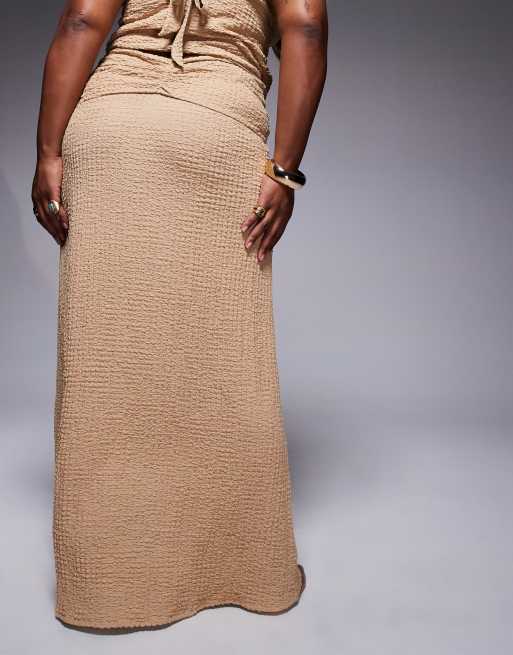 ASOS DESIGN Curve Ozzy textured knot front maxi beach skirt in beige