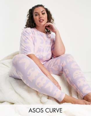 ASOS DESIGN Curve Pac-Man oversized tee & legging pyjama set in pink & lilac - ASOS Price Checker