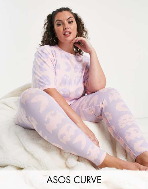 ASOS DESIGN Curve Pac-Man oversized tee & leggings pyjama set in pink & lilac