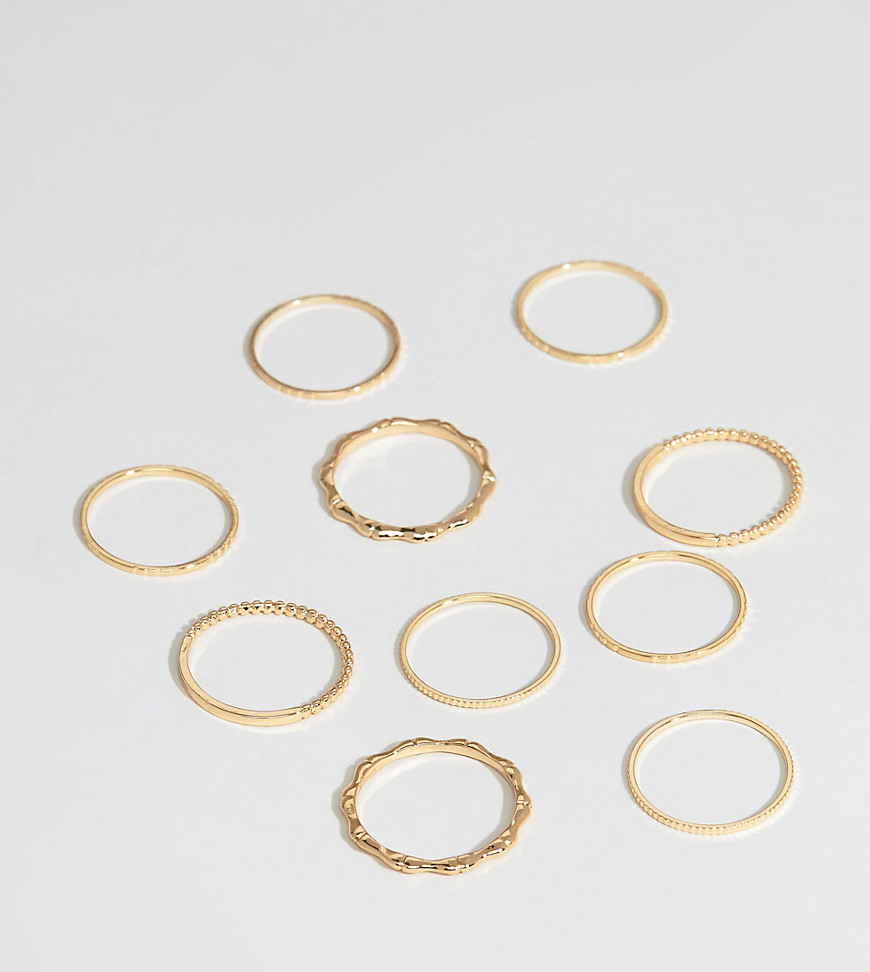 ASOS DESIGN Curve pack of 10 rings in minimal design in gold