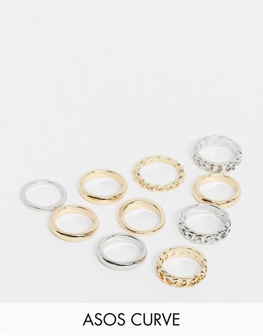 ASOS DESIGN Curve pack of 10 rings in mixed metals with chain detail