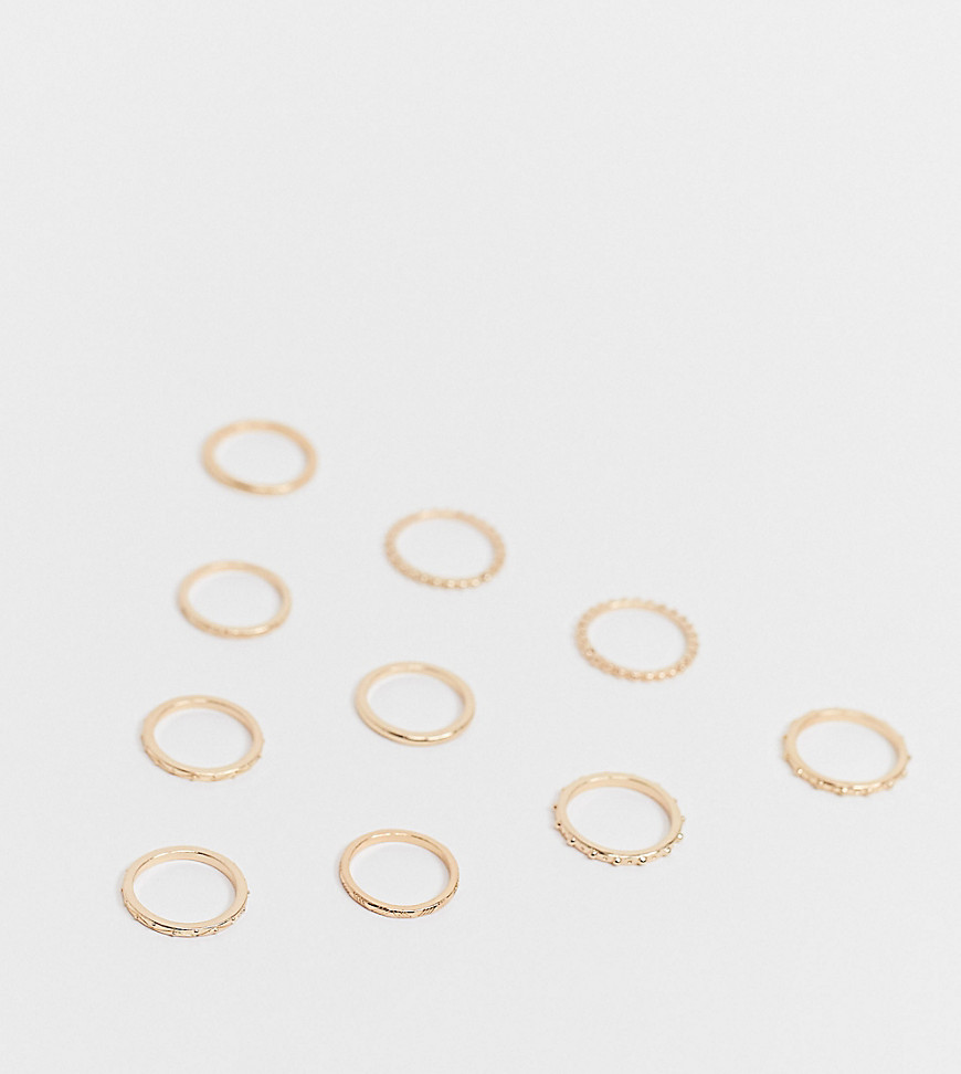 ASOS DESIGN Curve pack of 10 rings with ball details in gold tone