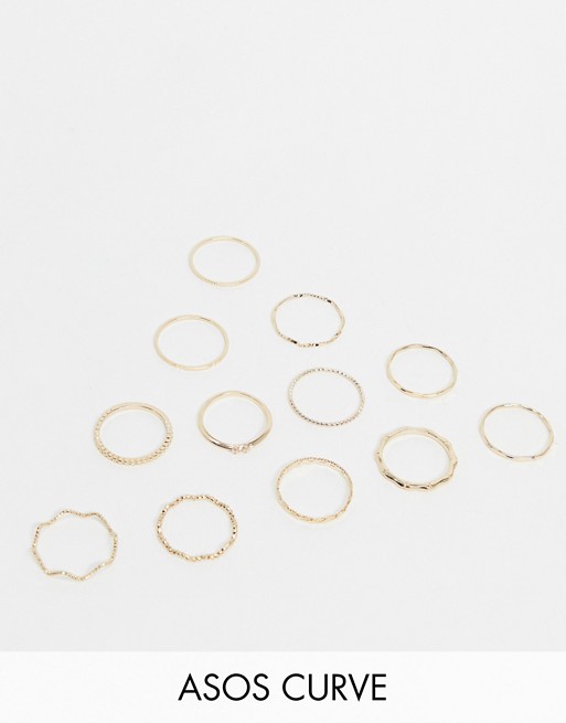 ASOS DESIGN Curve pack of 12 rings with twist details and engraved designs in gold tone