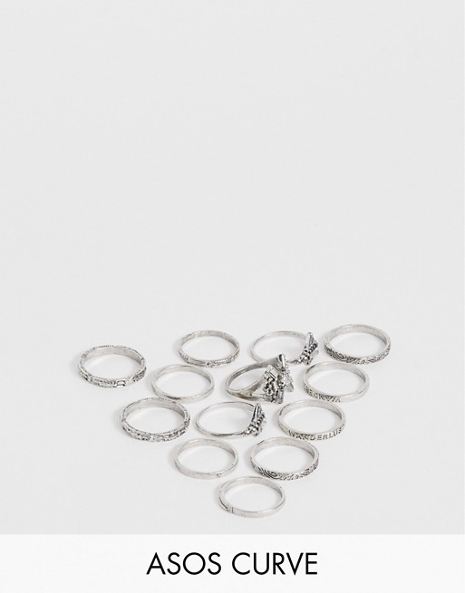 ASOS DESIGN Curve pack of 13 rings in mixed engraved designs with stones in silver tone