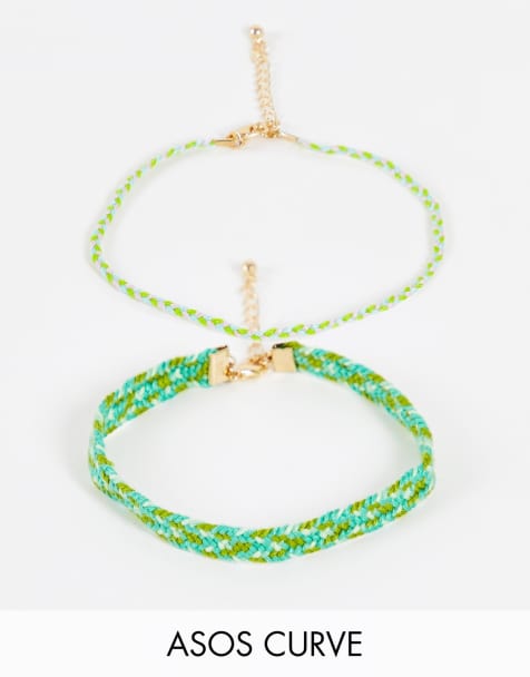 ASOS DESIGN Curve pack of 2 anklets in green thread design - view 1