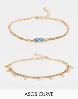 ASOS DESIGN Curve pack of 2 anklets with eye charm in gold tone