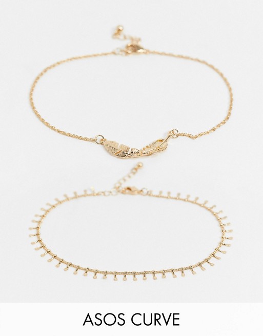 ASOS DESIGN Curve pack of 2 anklets with tiny disc charms and feather in gold tone