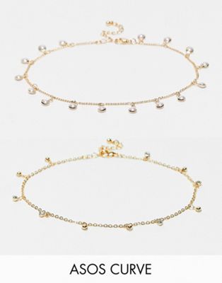 ASOS DESIGN Curve pack of 2 anklets wtih mixed pearl and crystal in gold tone