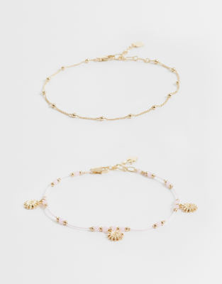 Asos Curve Asos Design Curve Pack Of 2 Beaded Anklets With Sun Charms In Gold