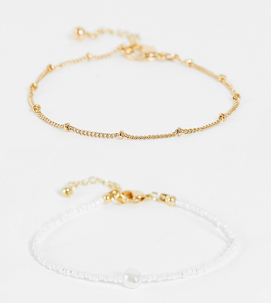 ASOS DESIGN Curve pack of 2 bracelet with micro faux pearl and dot dash chain in gold tone