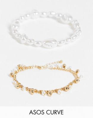 ASOS DESIGN Curve pack of 2 bracelets in pearl and curb chain in gold tone