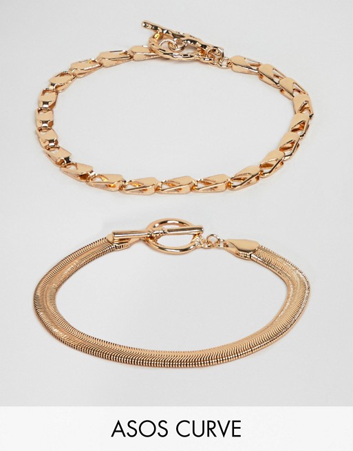 ASOS DESIGN Curve pack of 2 bracelets with heavyweight chain and flat rope chain gold