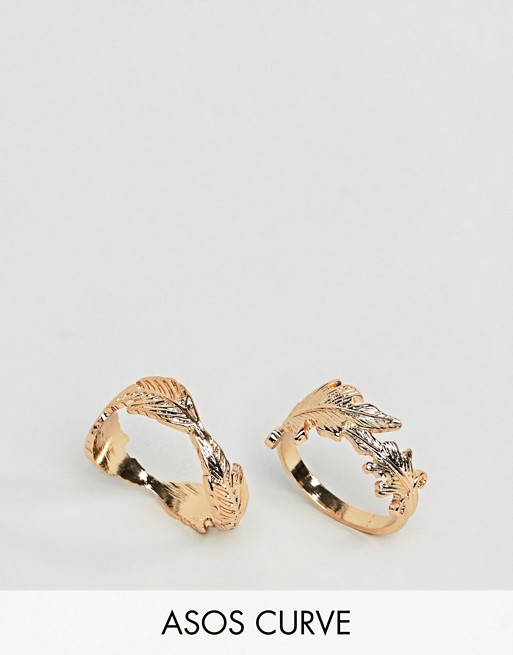 ASOS DESIGN Curve pack of 2 rings with leaf design in gold
