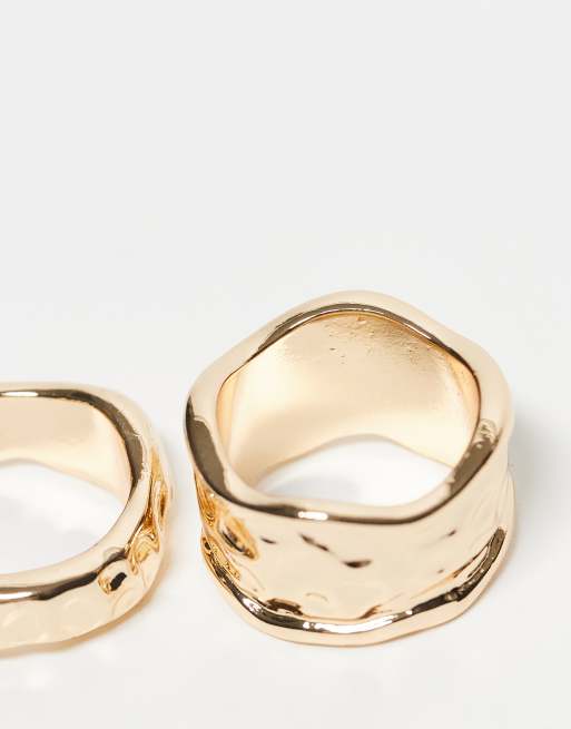 ASOS DESIGN Curve  pack of 2 rings with molten detail in gold tone, 2 of 3