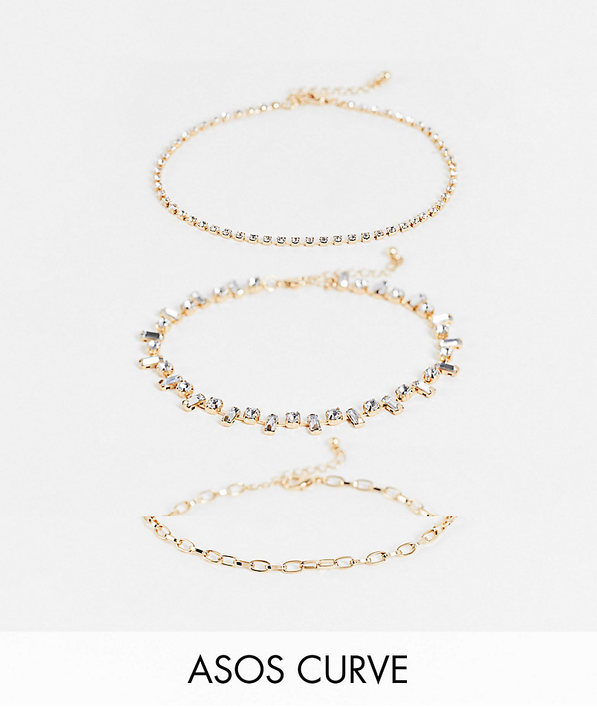ASOS DESIGN Curve pack of 3 anklets in crystal and chain design in gold tone