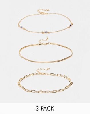ASOS DESIGN Curve pack of 3 anklets with crystal eye design in gold tone