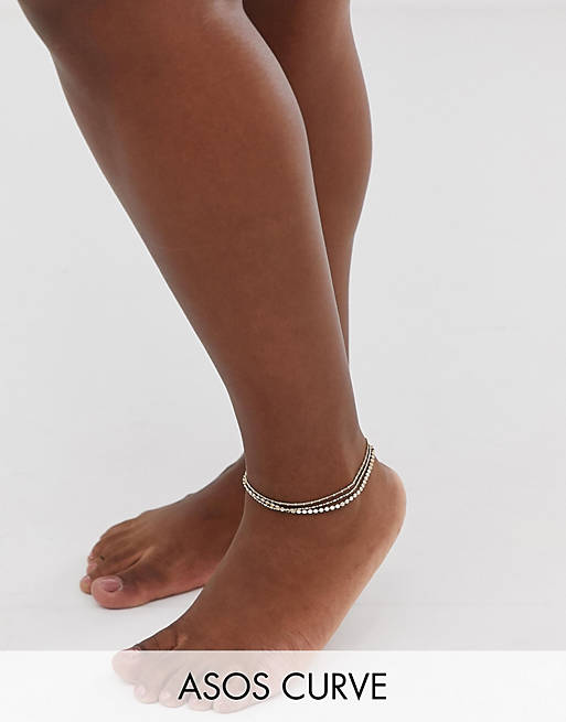 ASOS DESIGN Curve pack of 3 anklets with dot dash and disc in gold tone