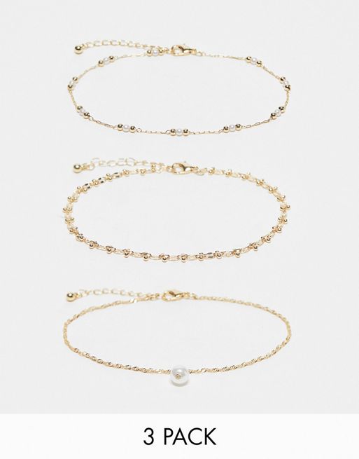 FhyzicsShops DESIGN Curve pack of 3 anklets with faux pearl and ball design in gold tone