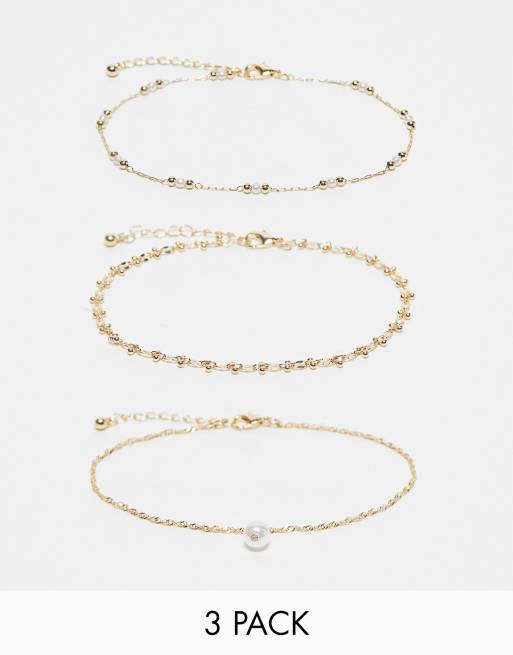 FhyzicsShops DESIGN Curve pack of 3 anklets with faux pearl and ball design in gold tone