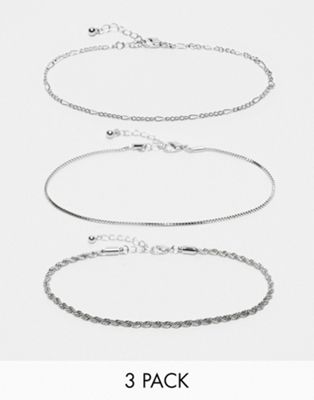 Asos Curve Asos Design Curve Pack Of 3 Anklets With Mixed Chain Design In Silver Tone In Metallic