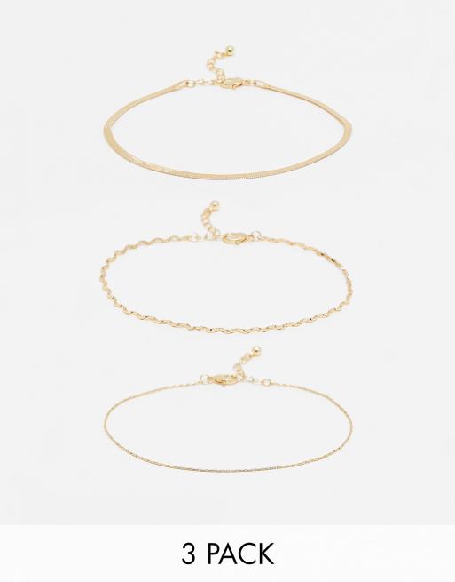 ASOS DESIGN Curve pack of 3 anklets with mixed chains in gold tone