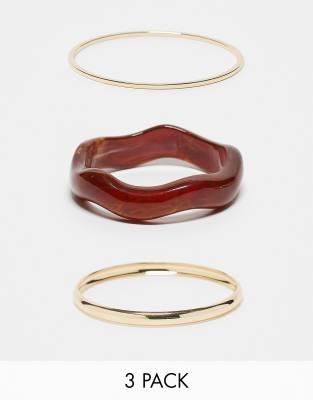 Asos Design Curve Pack Of 3 Bangles In Resin And Gold
