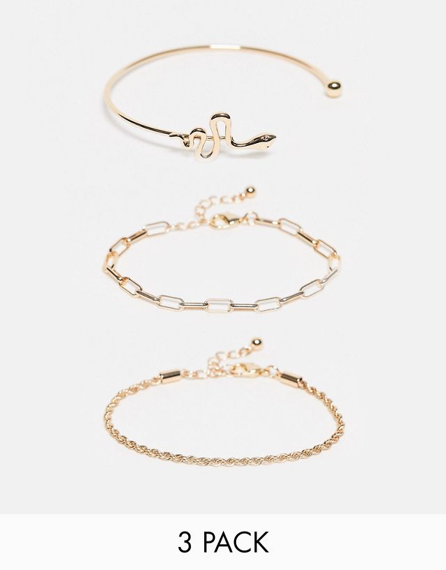ASOS DESIGN Curve pack of 3 bracelets with snake and mixed chain in gold tone