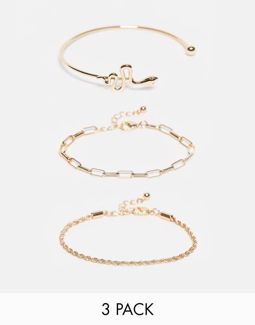 ASOS DESIGN Curve pack of 3 bracelets with snake and mixed chain in gold tone