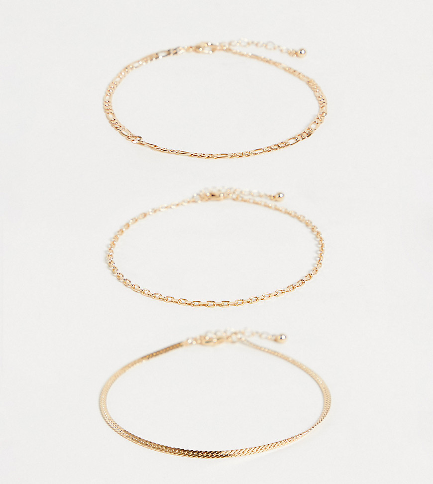 ASOS DESIGN Curve pack of 3 chain anklets in gold tone