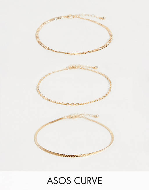 ASOS DESIGN Curve pack of 3 chain anklets in gold tone