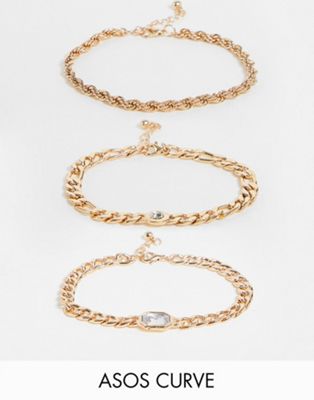 ASOS DESIGN Curve pack of 3 chain bracelet with crystal in gold tone