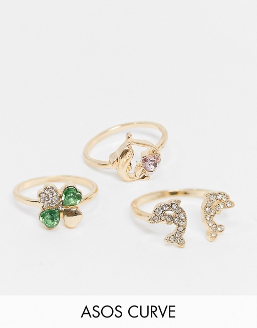 ASOS DESIGN Curve pack of 3 dolphin and clover rings in gold tone