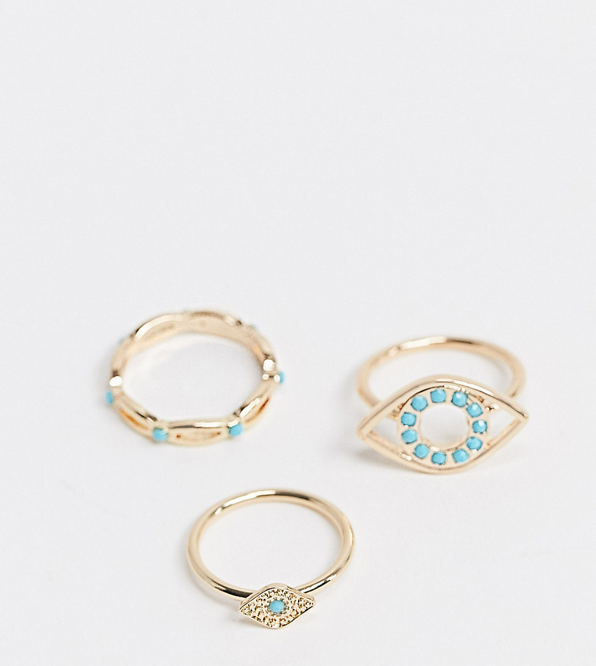 ASOS DESIGN Curve pack of 3 eye and turq stone rings in gold tone