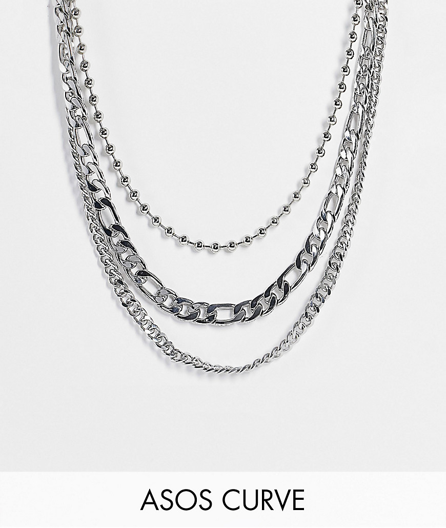 ASOS DESIGN Curve pack of 3 necklaces in mixed chains in silver tone