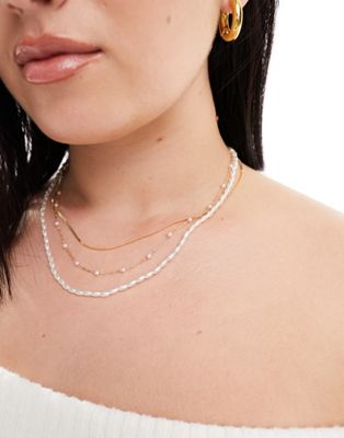 ASOS DESIGN Curve pack of 3 necklaces with faux pearl and snake chain design