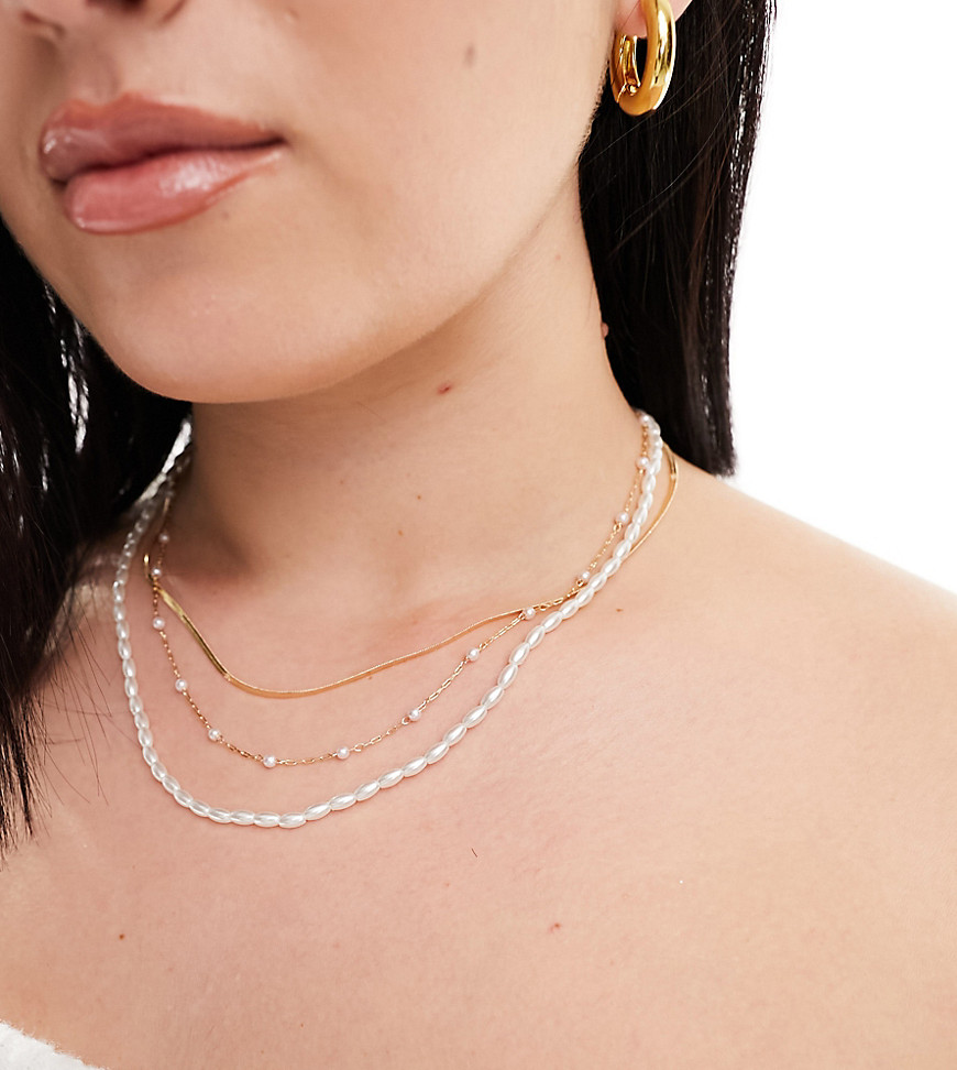 Asos Curve Asos Design Curve Pack Of 3 Necklaces With Faux Pearl And Snake Chain Design-gold