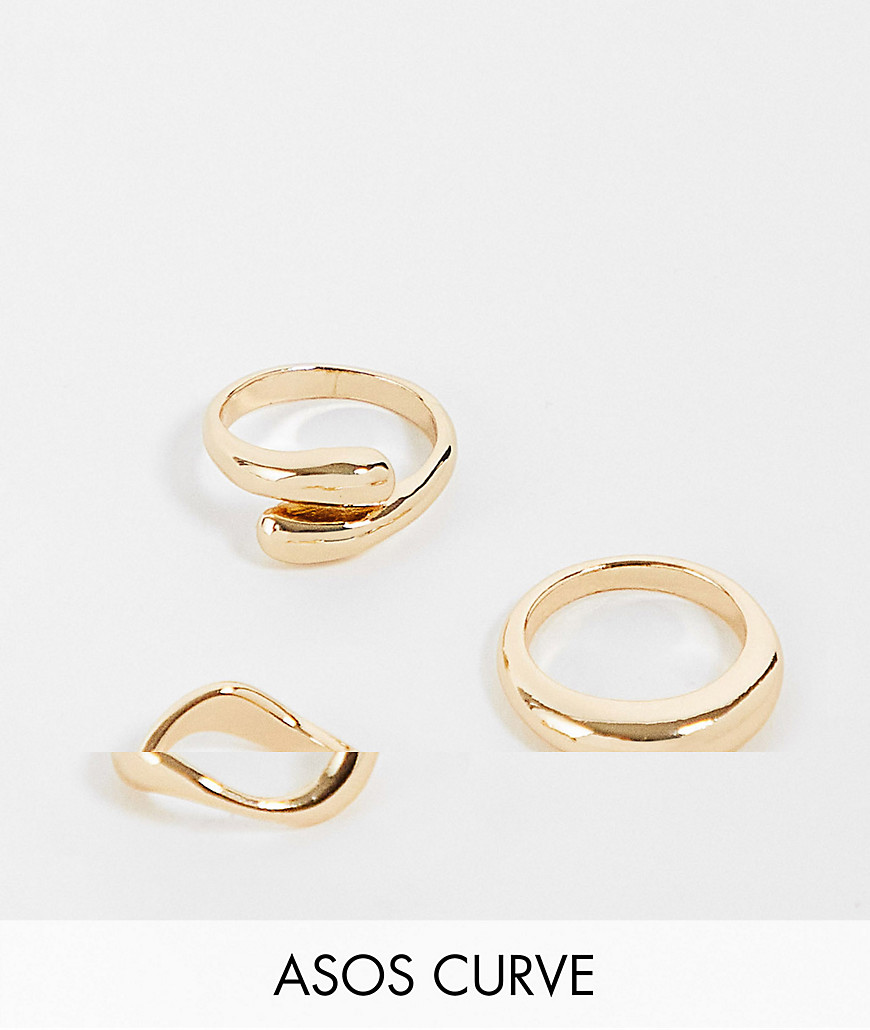 ASOS DESIGN Curve pack of 3 rings in mixed design in gold tone