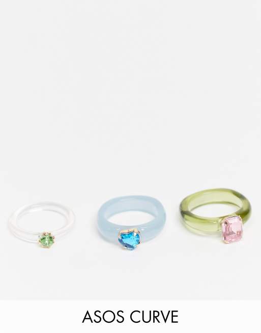 ASOS DESIGN Curve pack of 3 rings in mixed plastic with coloured crystals stones