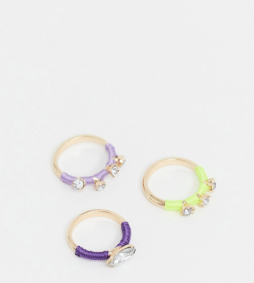 ASOS DESIGN Curve pack of 3 rings with colour bands and crystal stones-Multi